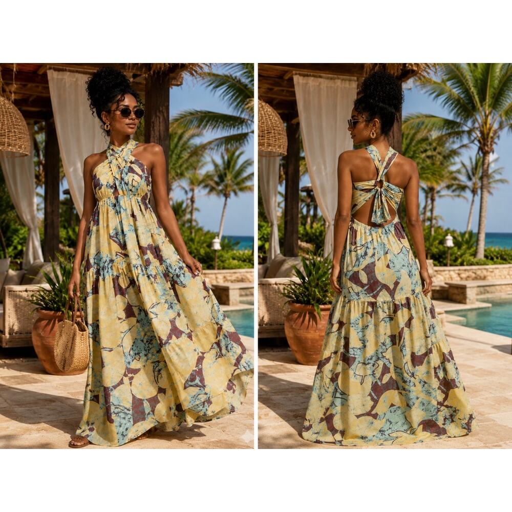 A.L.C. Veronica Abstract Halter Maxi Dress Open Back Resort Boho Floral - Picture 2 of 2